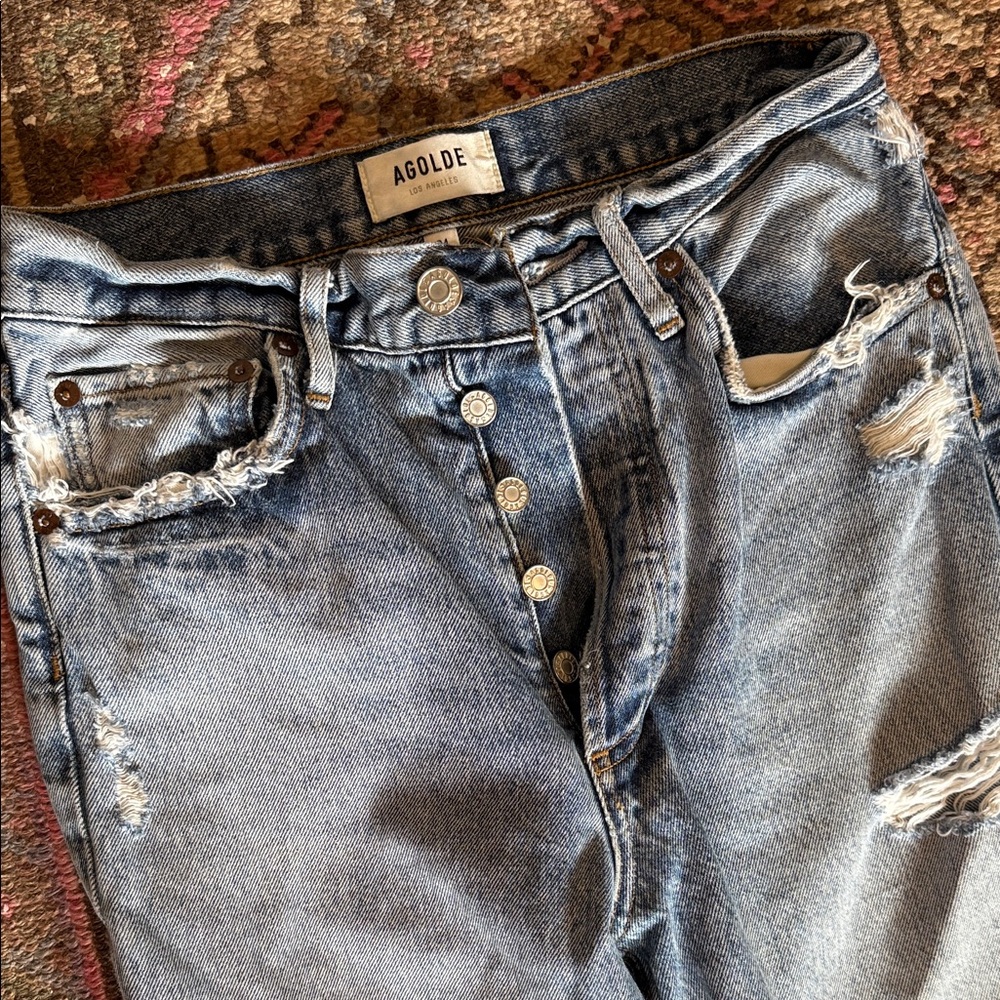 Agolde Women's Distressed Straight Leg Jeans - Light Blue